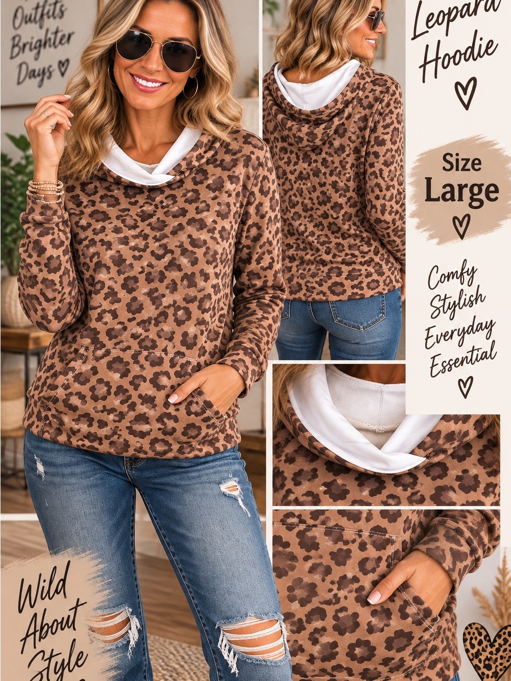 Leopard Print Hoodie Sweater - Brown
